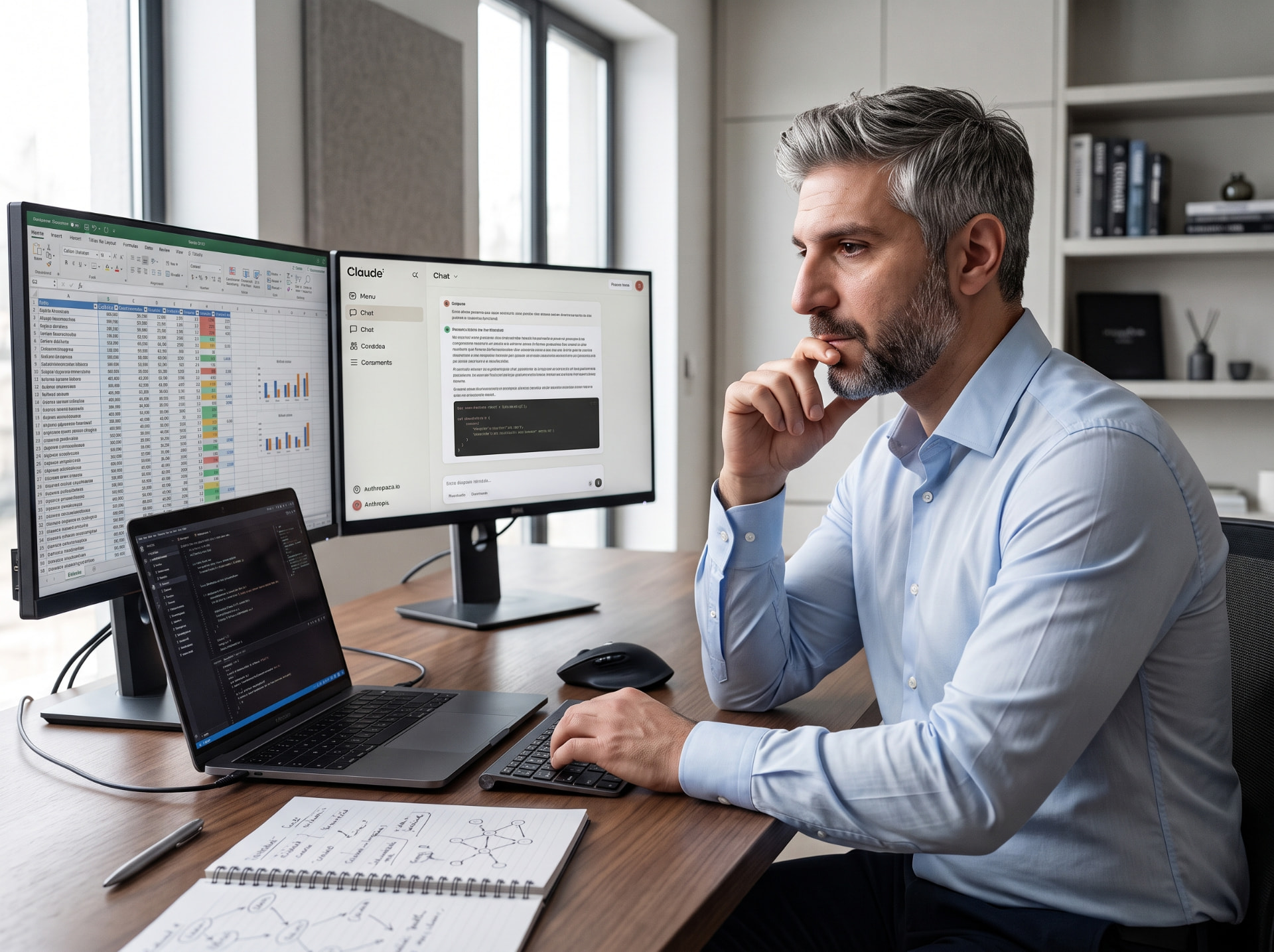 Chief AI Officer reviewing AI strategy dashboards and taking notes at his desk with three screens